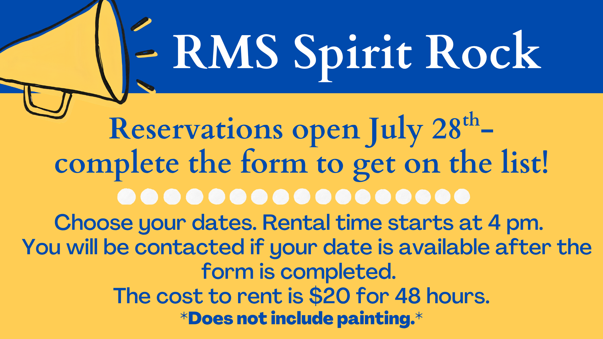 Announcement for RMS Spirit Rock reservations with details on costs and dates.