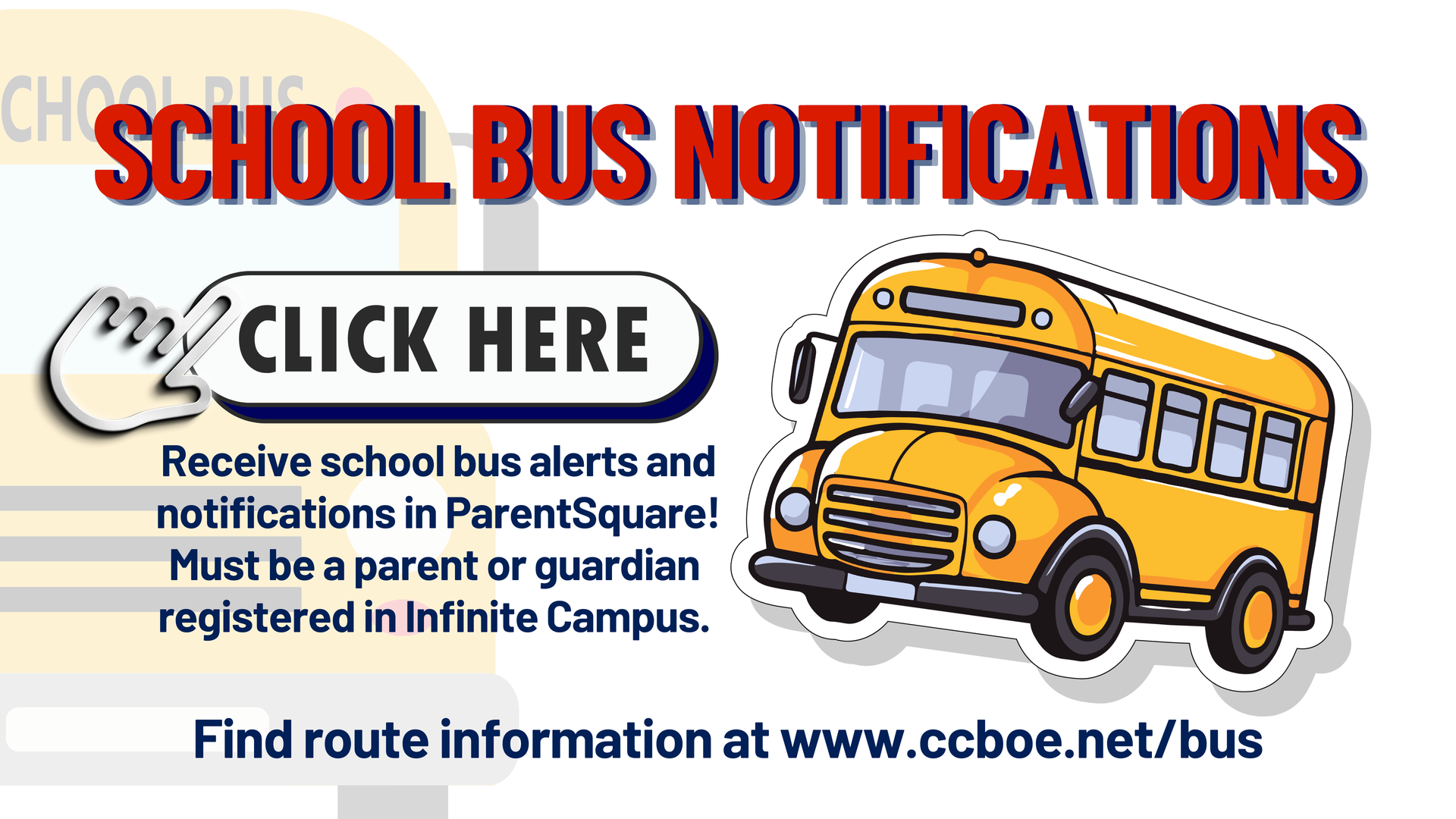 Colorful school bus notification banner with click prompt and website information.