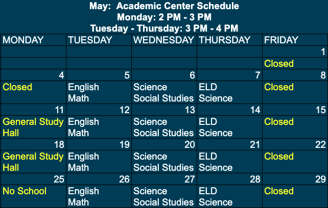 May: Academic Center Schedule 