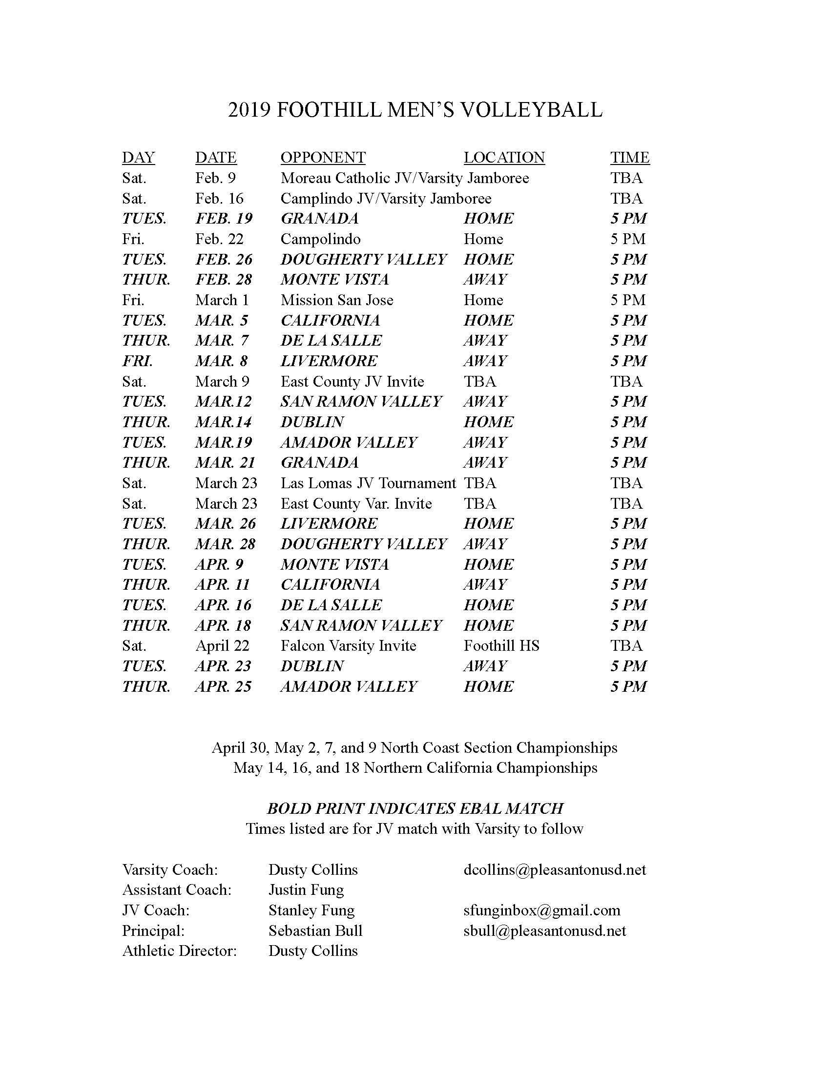 Schedules Volleyball (Boys) Foothill High School