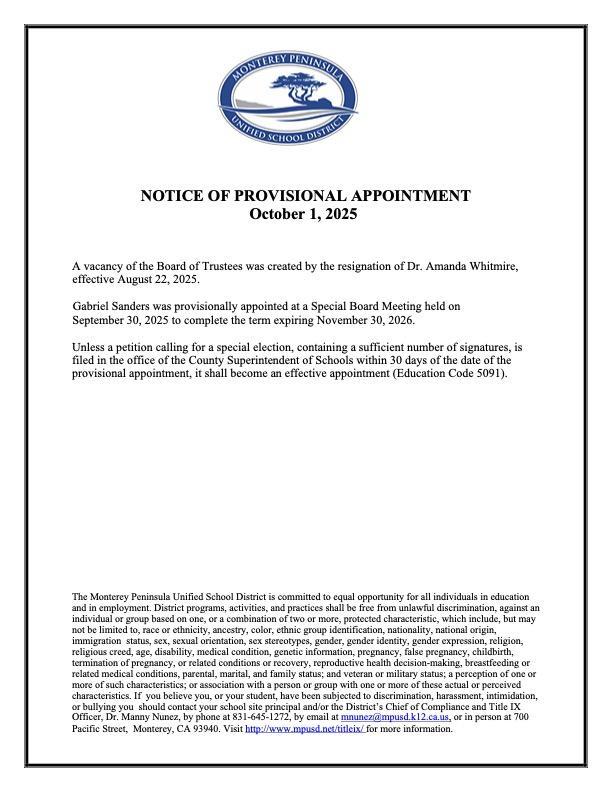 Gabriel Sanders was provisionally appointed at a Special Board Meeting held on September 30, 2025 to complete the term expiring November 30, 2026.