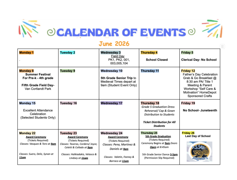 Calendar of June events
