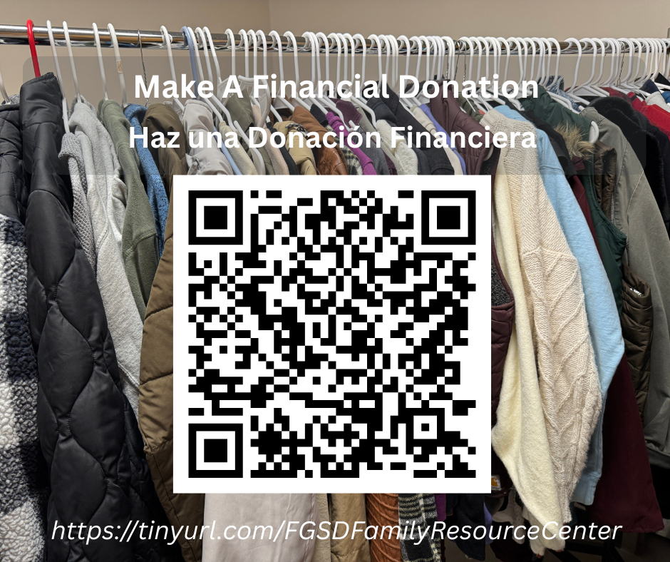 rack of cloths with donate financially link and QR code 
