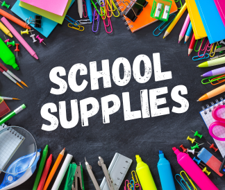 School supplies surrounding the words 'School Supplies' written on a chalkboard background