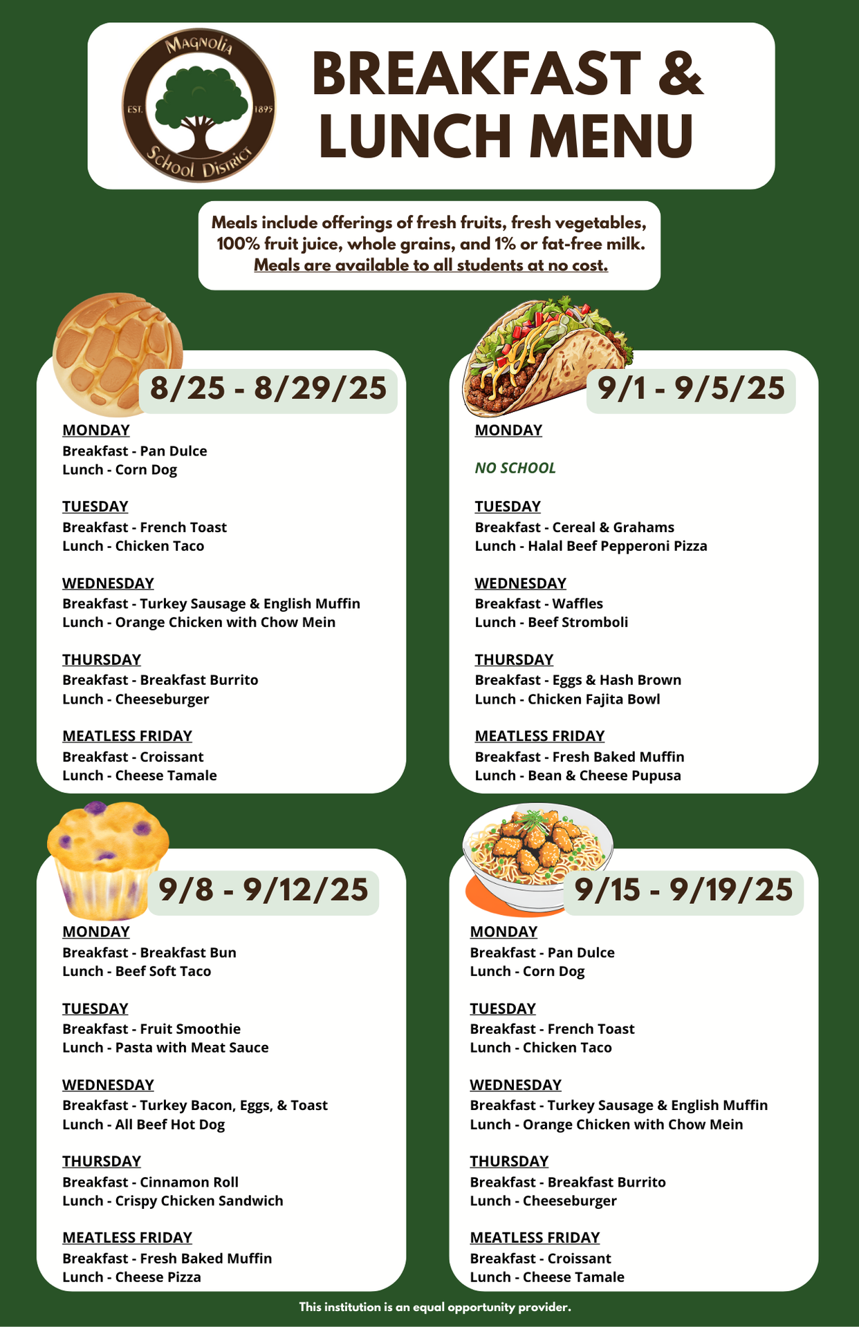 Back to School Menu for K-6 Breakfast and Lunch