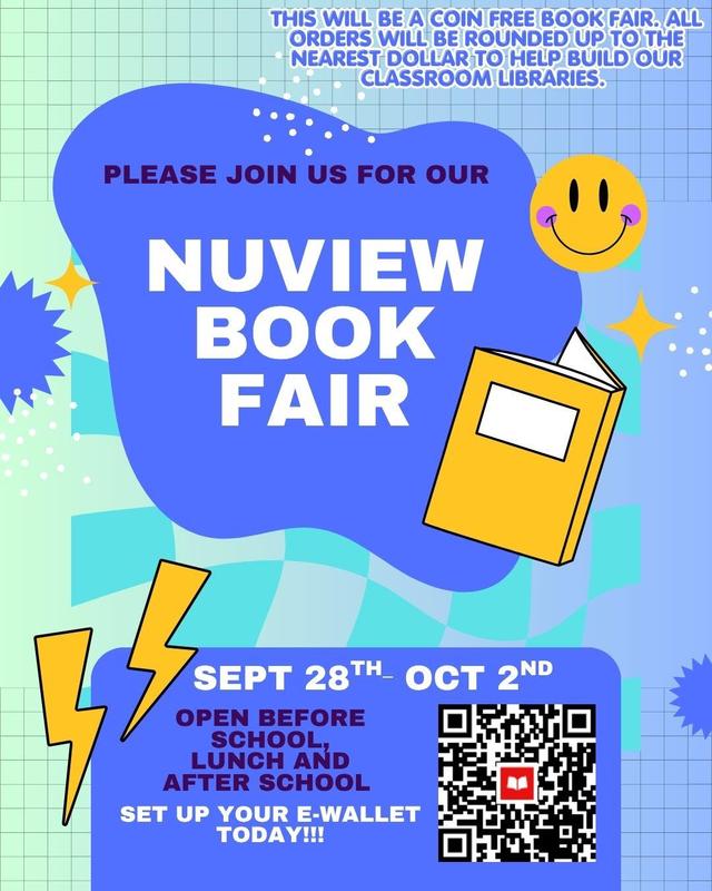 Nuview Book Fair, Sept 28–Oct 2. Coin-free event. Scan QR code for e-wallet.