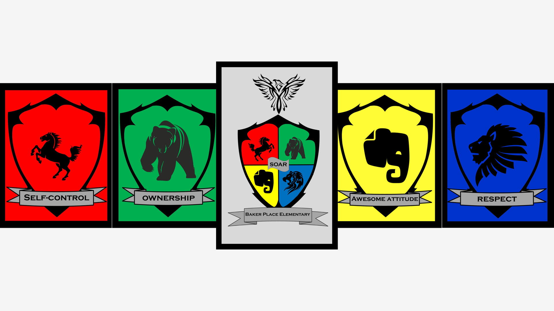 Colorful shields representing values: Self-Control, Ownership, Awesome Attitude, Respect, and a central badge with a phoenix symbol.