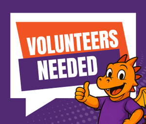 Volunteers Needed with illustrated dragon giving a thumbs up