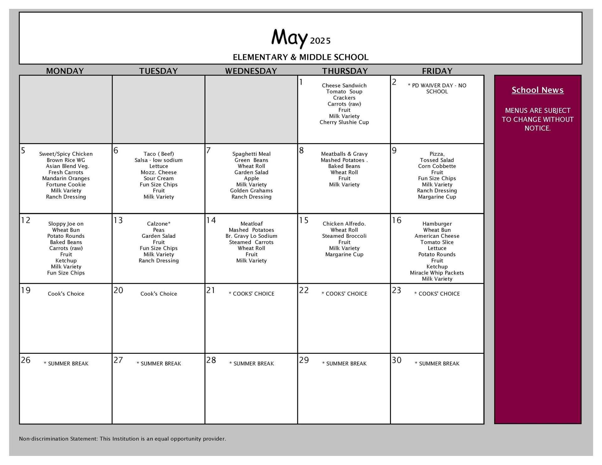 May Lunch Menu PK-8