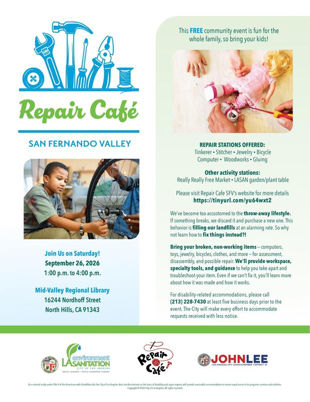 Repair Cafe SFV flyer for upcoming event on Saturday September 26th