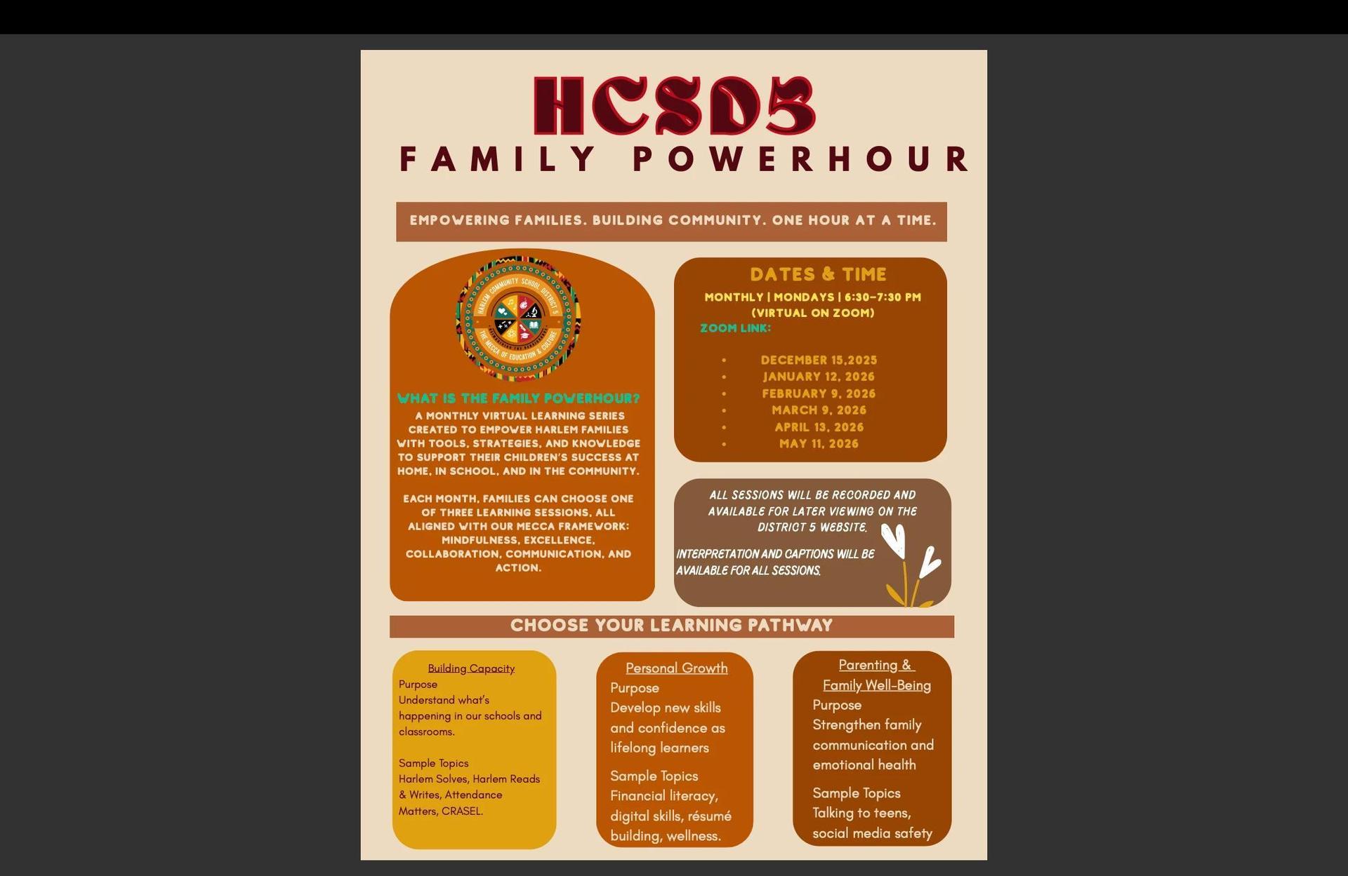 Poster for parents with information, dates, zoom meetings and themes