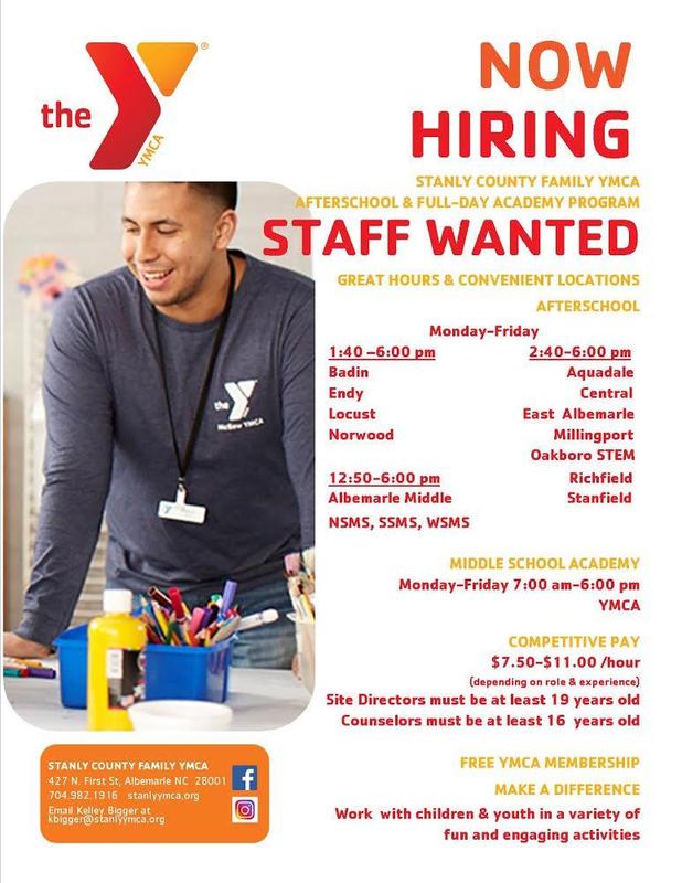 The Stanly County YMCA is now hiring after school and full day academy program staff to support SCS students. See flyer for information! #YMCA #wattwatt Featured Photo