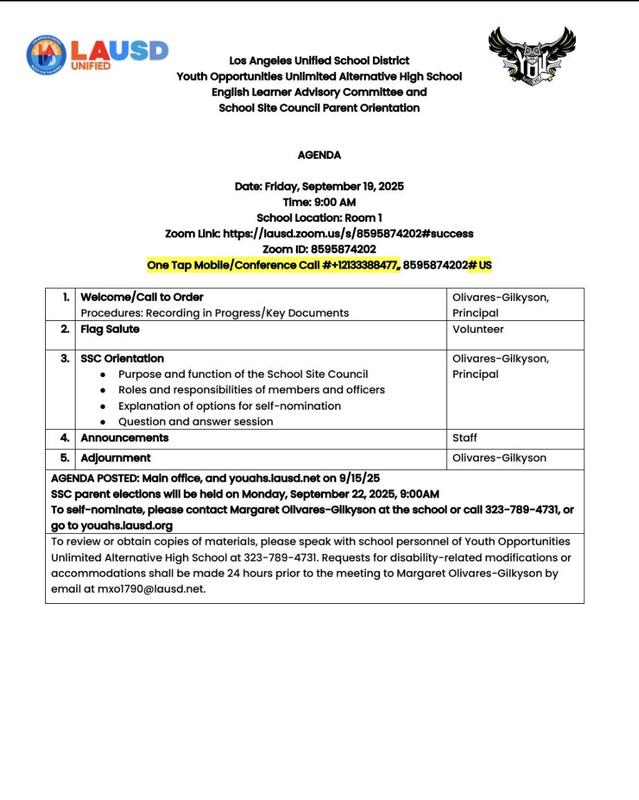 Orientación SSC YOUAHS 19 de sept 9 AM y Elecciones de Padres 22 de sept 9 AM, híbridas.