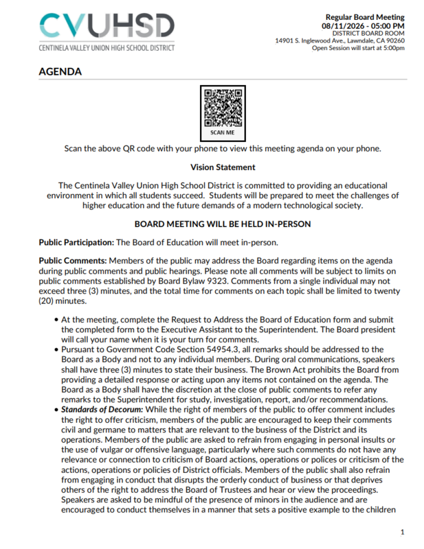 CVUHSD Board Meeting Agenda