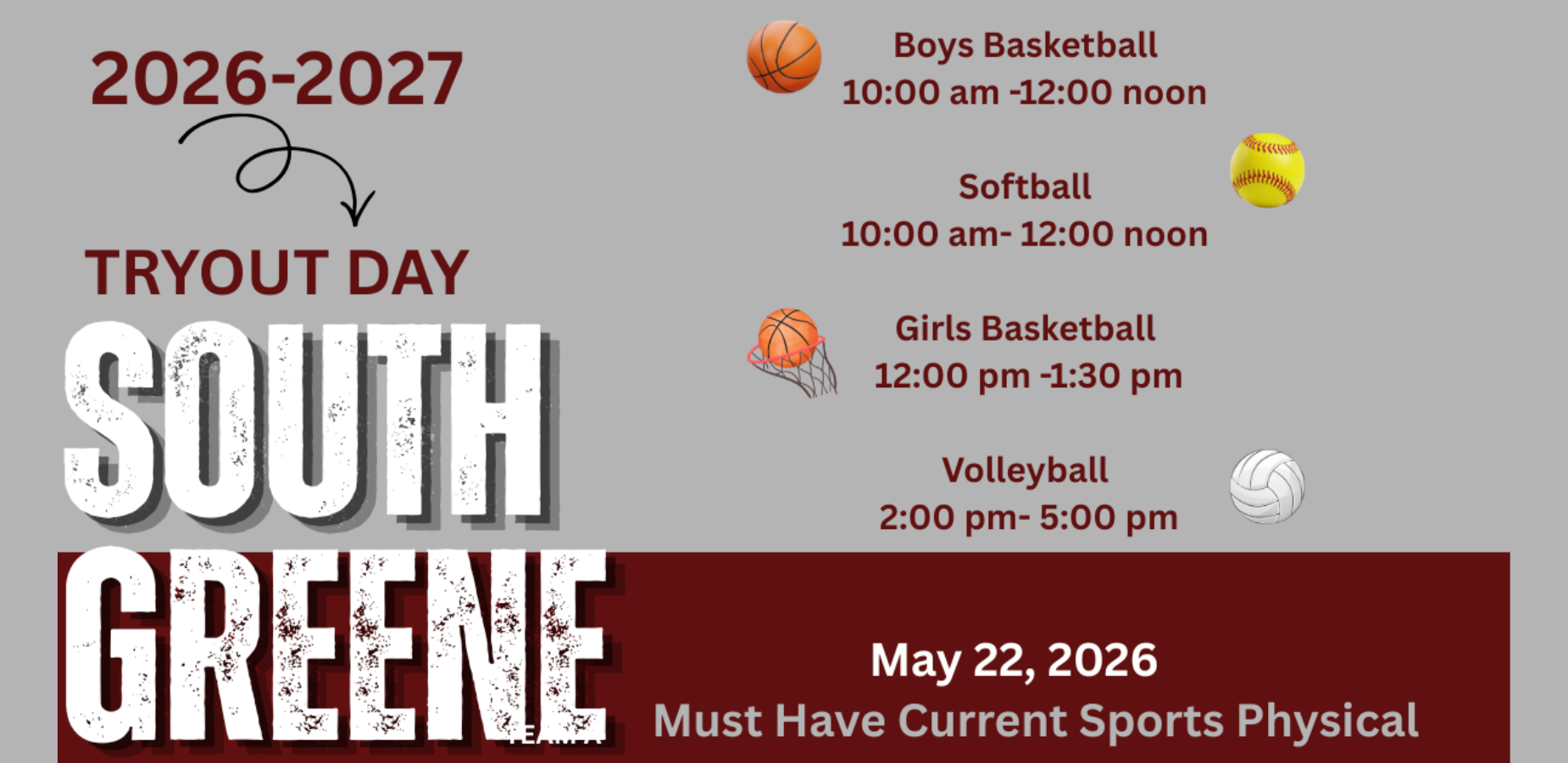 South Greene High School Sports Tryouts. Includes list of dates and times for different sports.