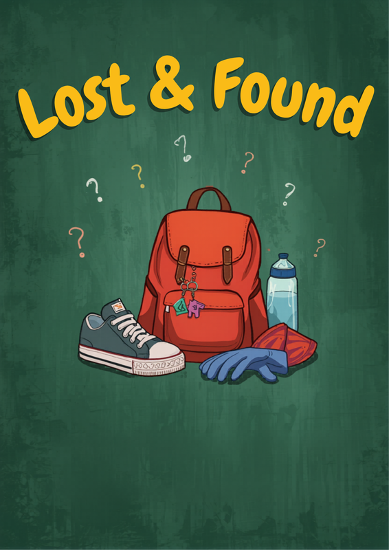 A green background with a red backpack, water bottle, shoes, and gloves labeled 'Lost & Found'.
