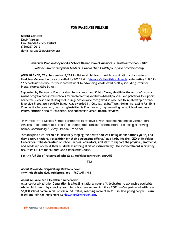 America's Healthiest Schools Press Release