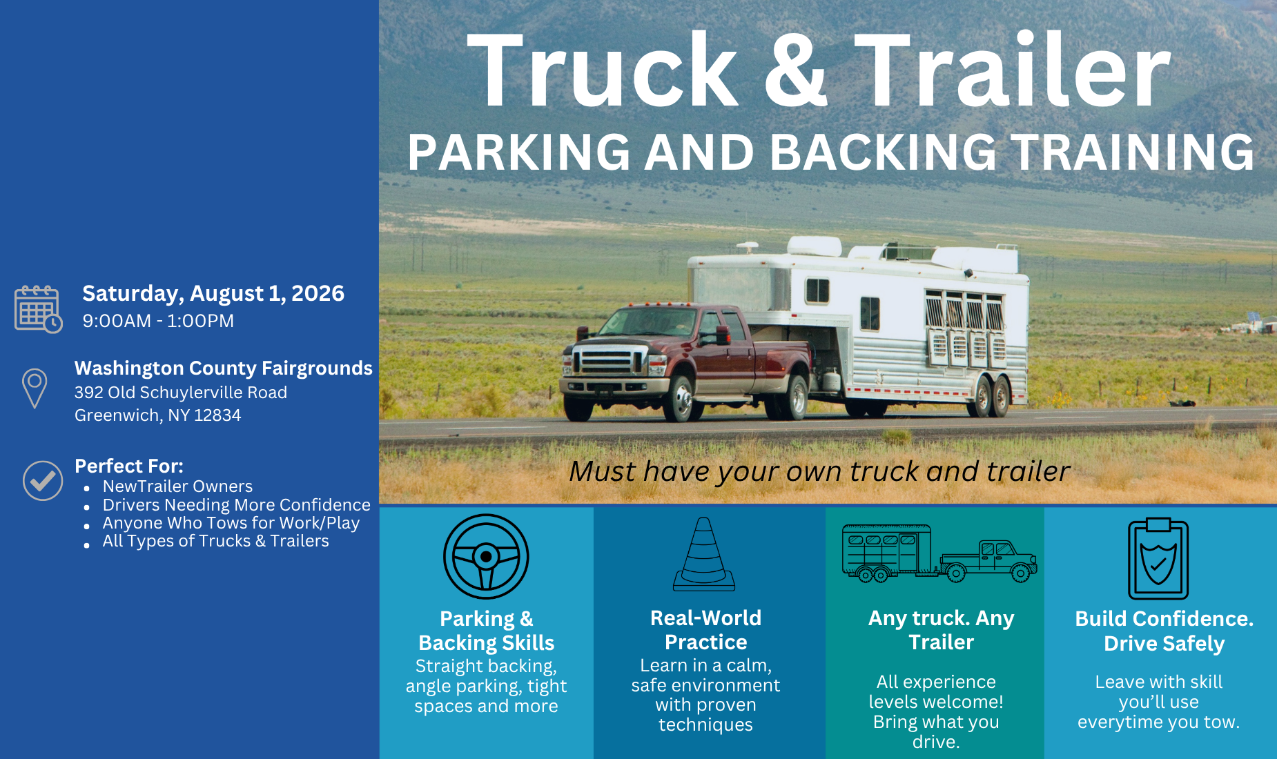 Truck and trailer parking training flyer with event details and images of a truck.