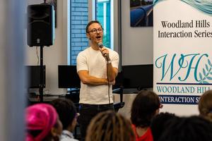Eliot Schrefer speaks to students