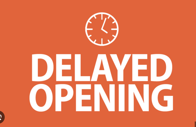 Text stating 'DELAYED OPENING' on an orange background with a clock icon.