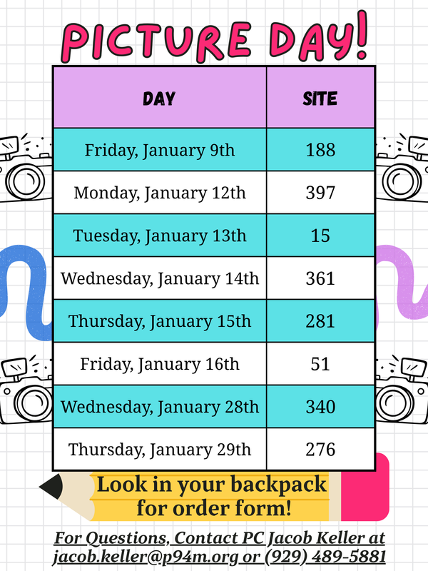 English- Purple and teal picture day dates and table