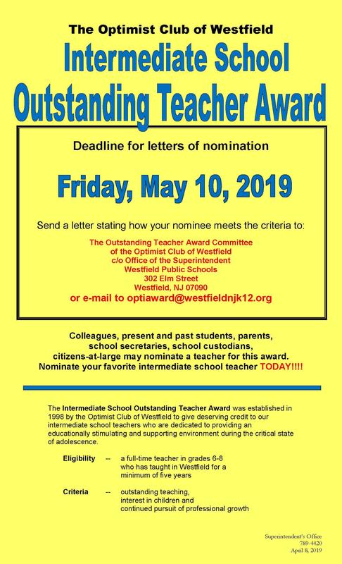 Photo image of Optimist Club poster calling for nominations for Intermediate School Outstanding Teacher Award.