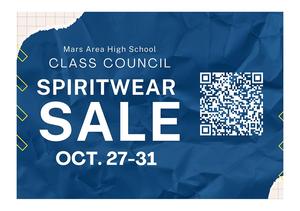 blue and white graphic with the words Spirit Wear sale