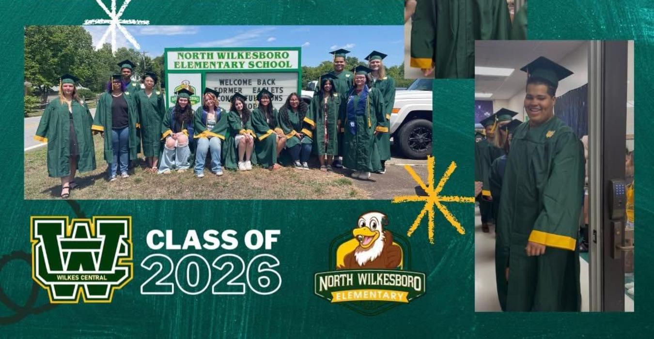Group of graduates in green gowns celebrating at an elementary school.
