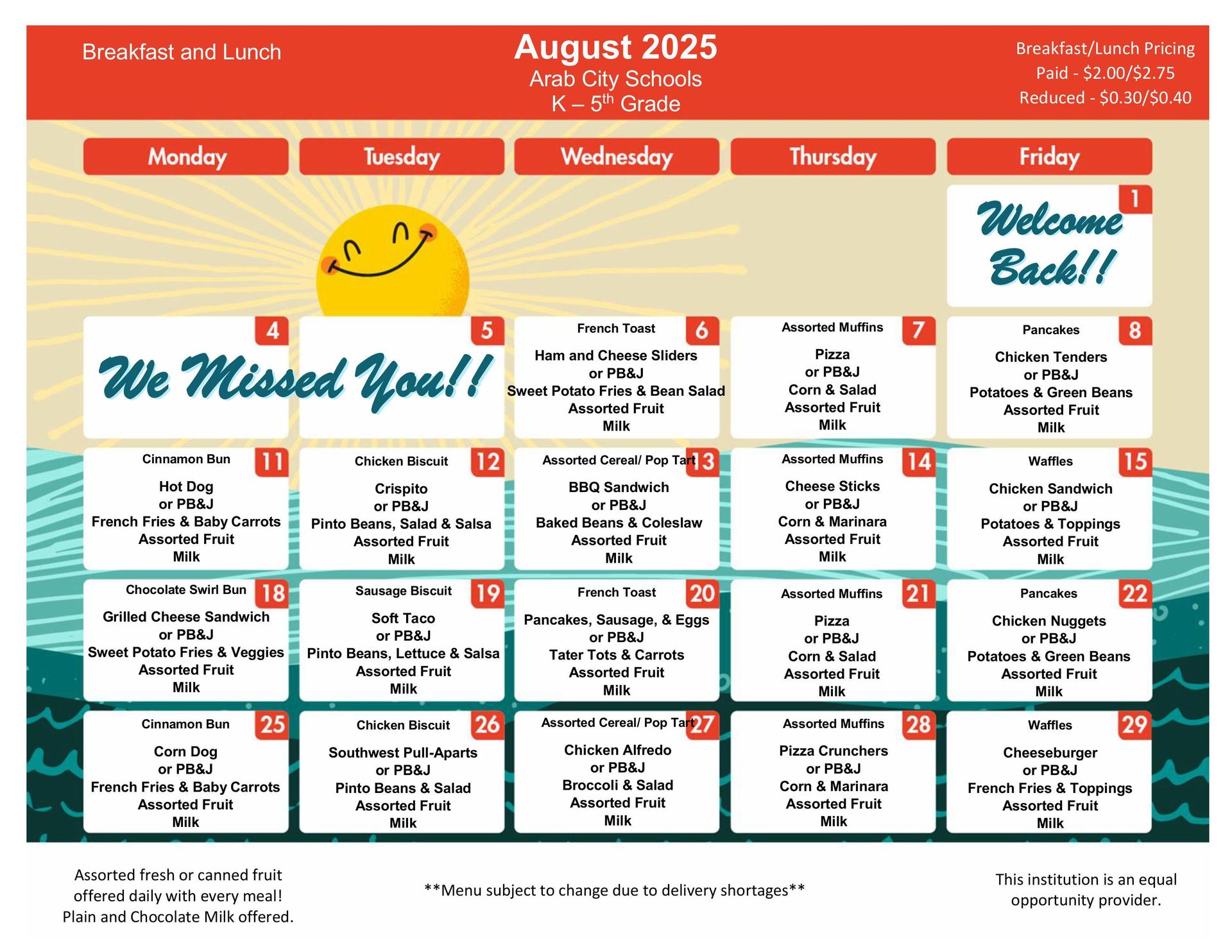 August 2025 Menu - PreK-5