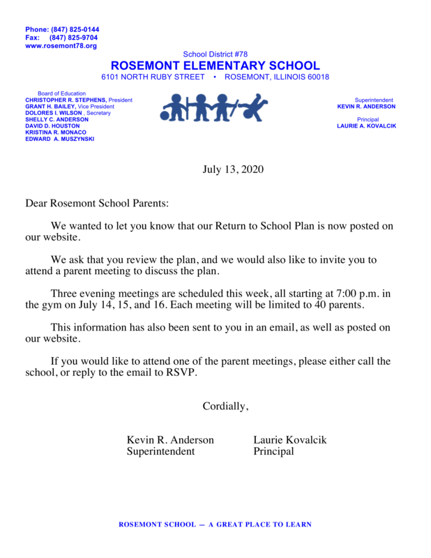 Return To School Plan - Letter 7/13/2020