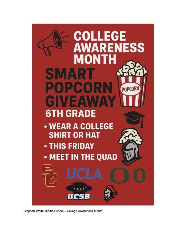 A box of popcorn and various school logos