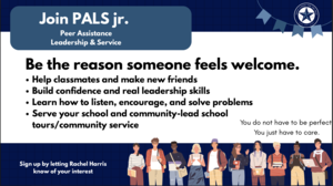 Promotional graphic for PALS jr. highlighting peer assistance and service opportunities.