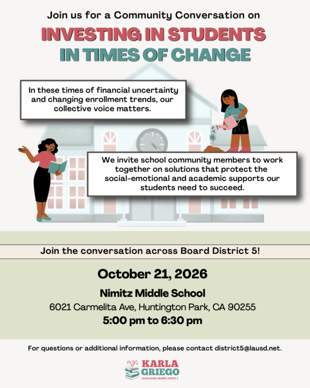 10/21 @ 5PM Nimitz Gym: Times of Change Conversation Community Event with Board Member Karla Griego Featured Photo