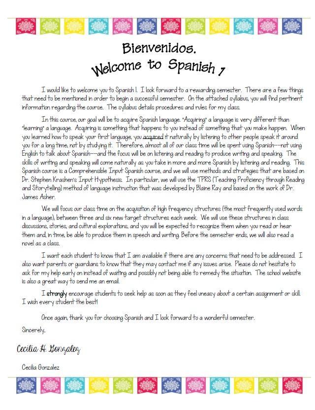 Spanish 1 Welcome