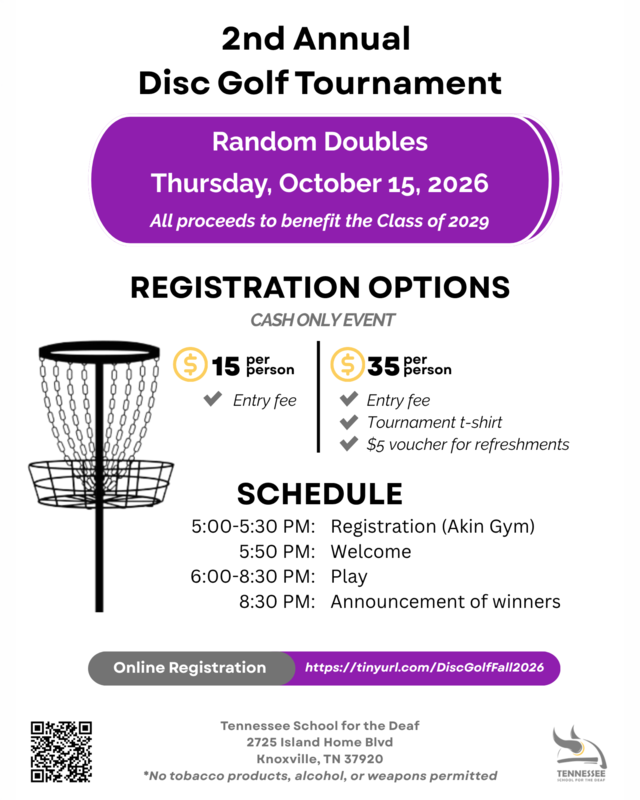 Flyer for a disc golf tournament with details on registration and schedule.