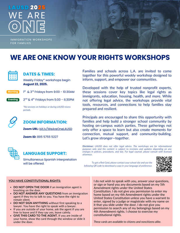 Flyer in English listing Know Your Rights webinar dates and times