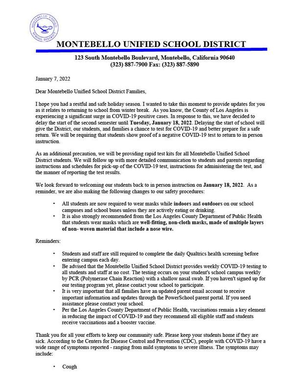 January 7 2022 Update letter