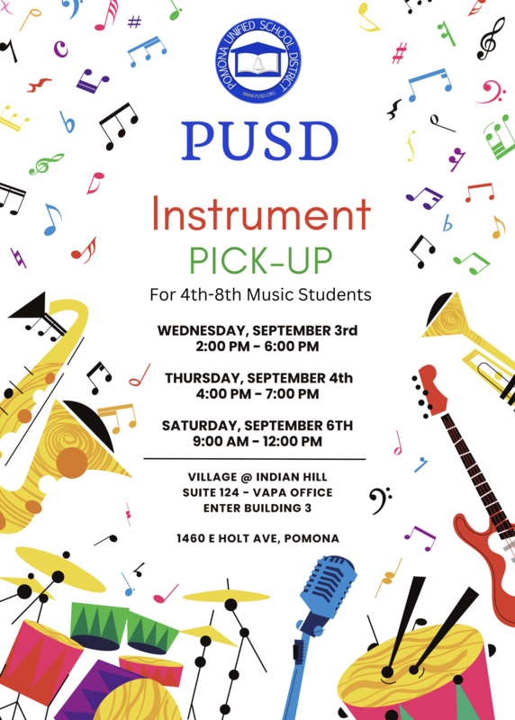 Visual infographic for PUSD instrument pick-up for 4th-8th music students, with dates, times, location, and colorful musical instrument illustrations.
