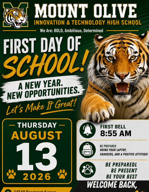 Graphic announcing the first day of school with a tiger and school details.