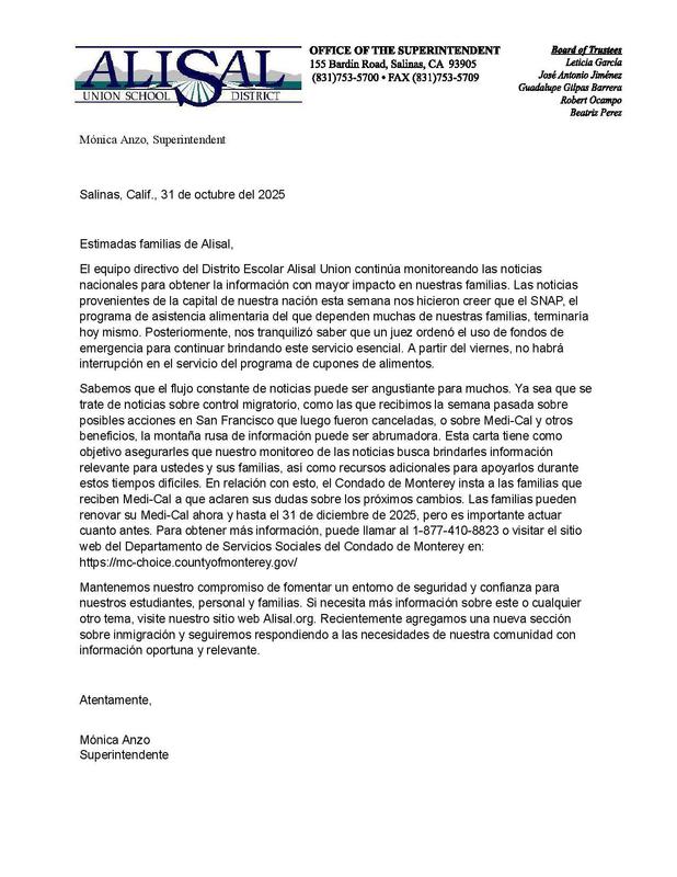 Letter about Medical and other items in Spanish
