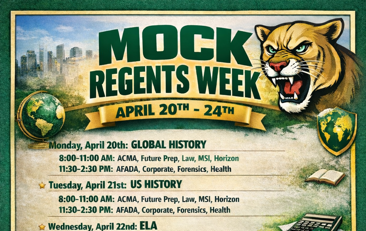 mock regents week flyer with cougar and list of mock regents dates