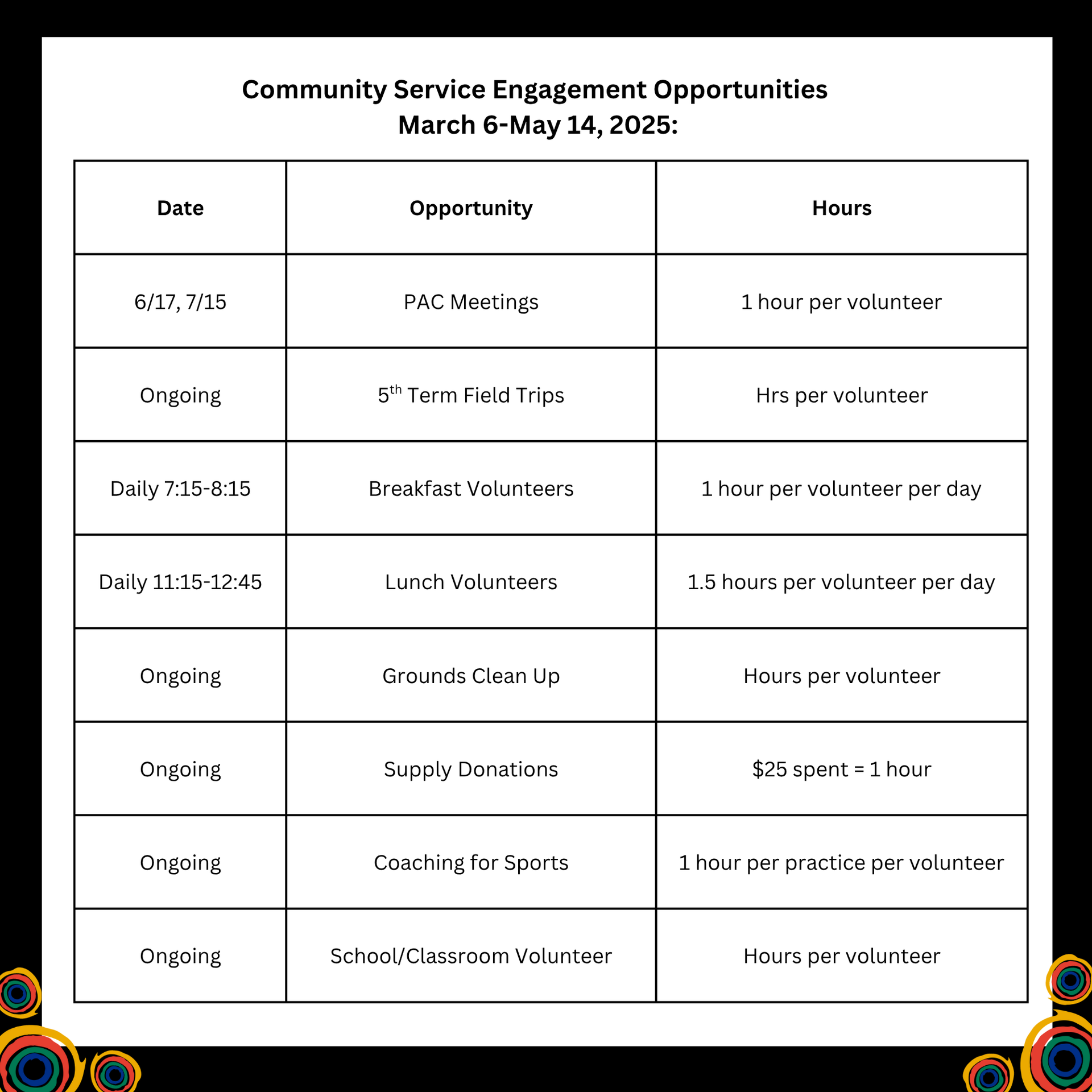 Black and white graphic that lists community engagement opportunities
