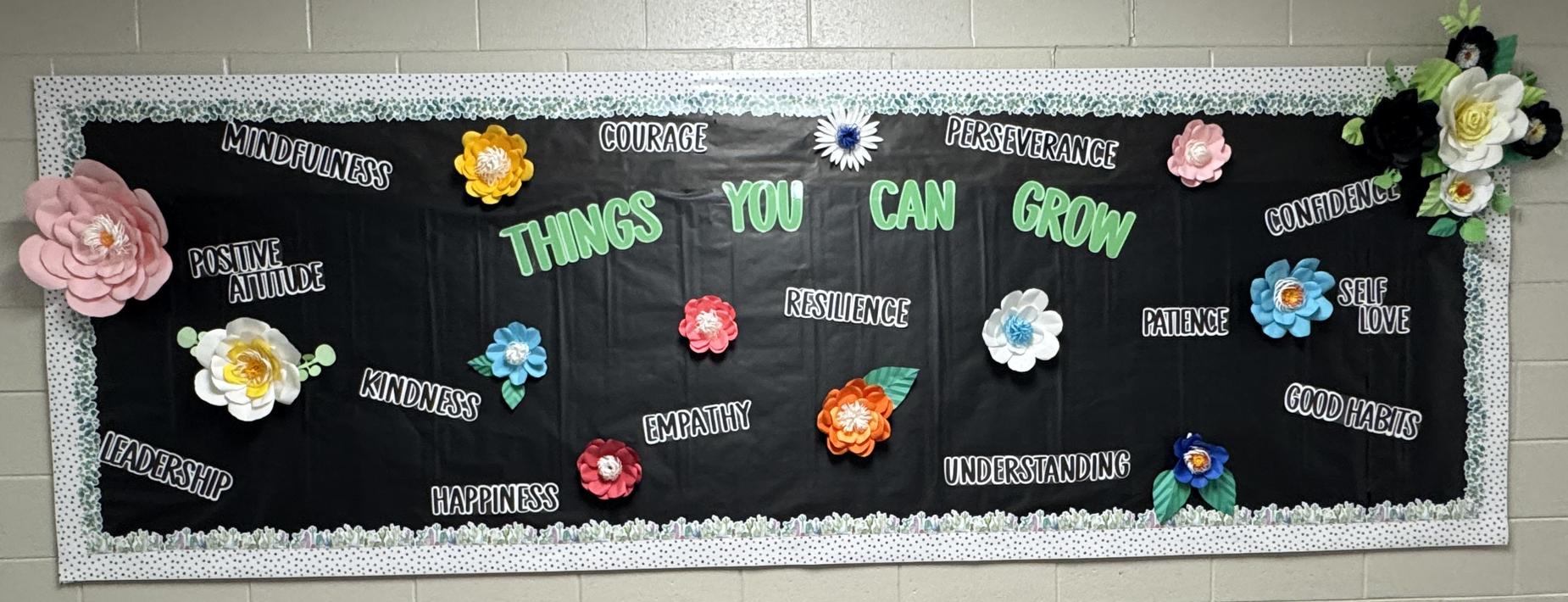 Colorful announcement board showcasing the things you can grow like your leadership, good habits, patience.