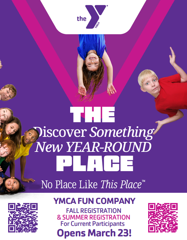 YMCA flyer advertising Fun Company programs and March 23 registration opening