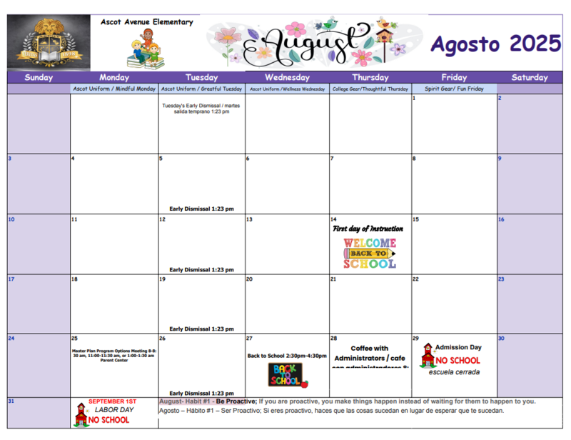 Ascot Parent Calendar for August
