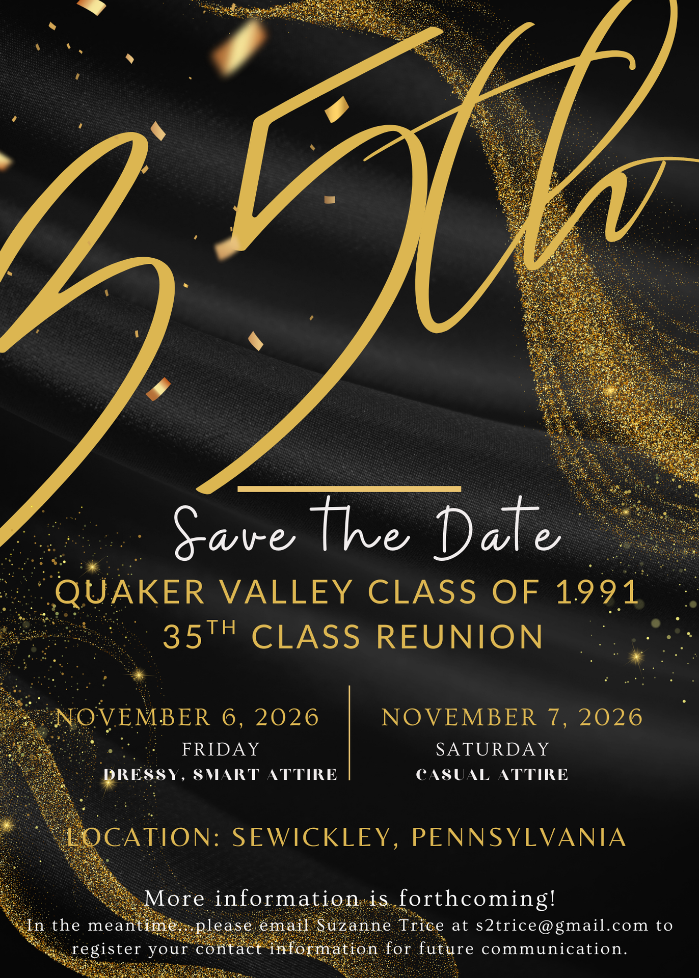 Flyer for 35th Class Reunion for the Class of 1991. All information is also listed on the webpage.