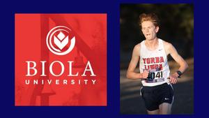 Split image with the Biola University logo on a red background on the left, and a young male runner in a "Yorba Linda" tank top racing with determination on the right.