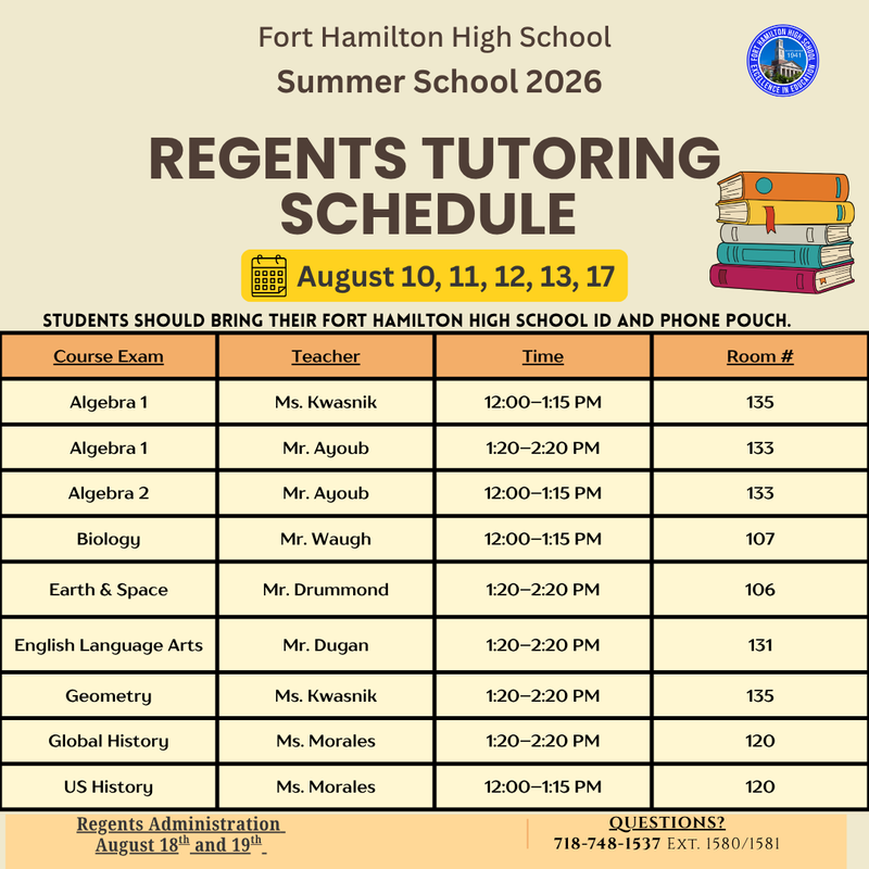 Afternoon Regents Tutoring sessions Beginning August 10- 13, and August 17,  2026 Featured Photo