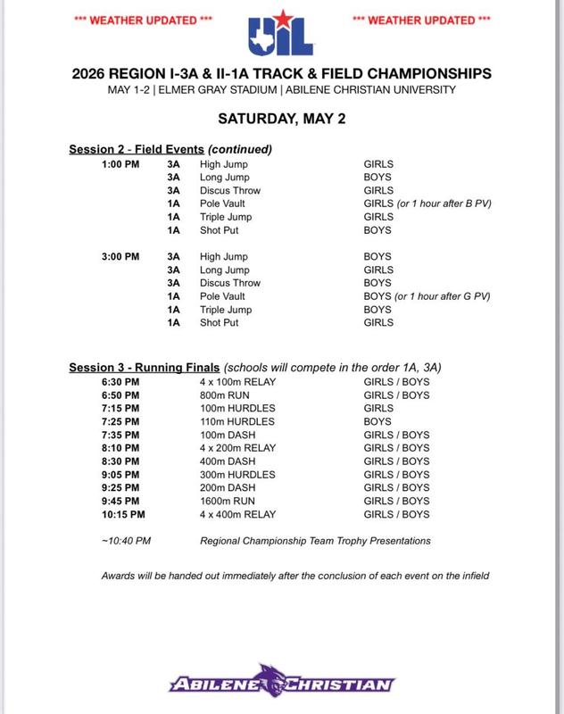 Regional Track Schedule Sessions 2 & 3
