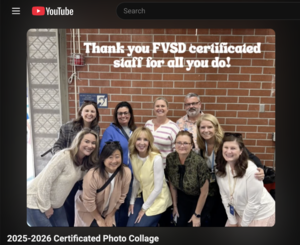 Group of smiling staff members posing in front of a wall, thanking FVSD certified staff.